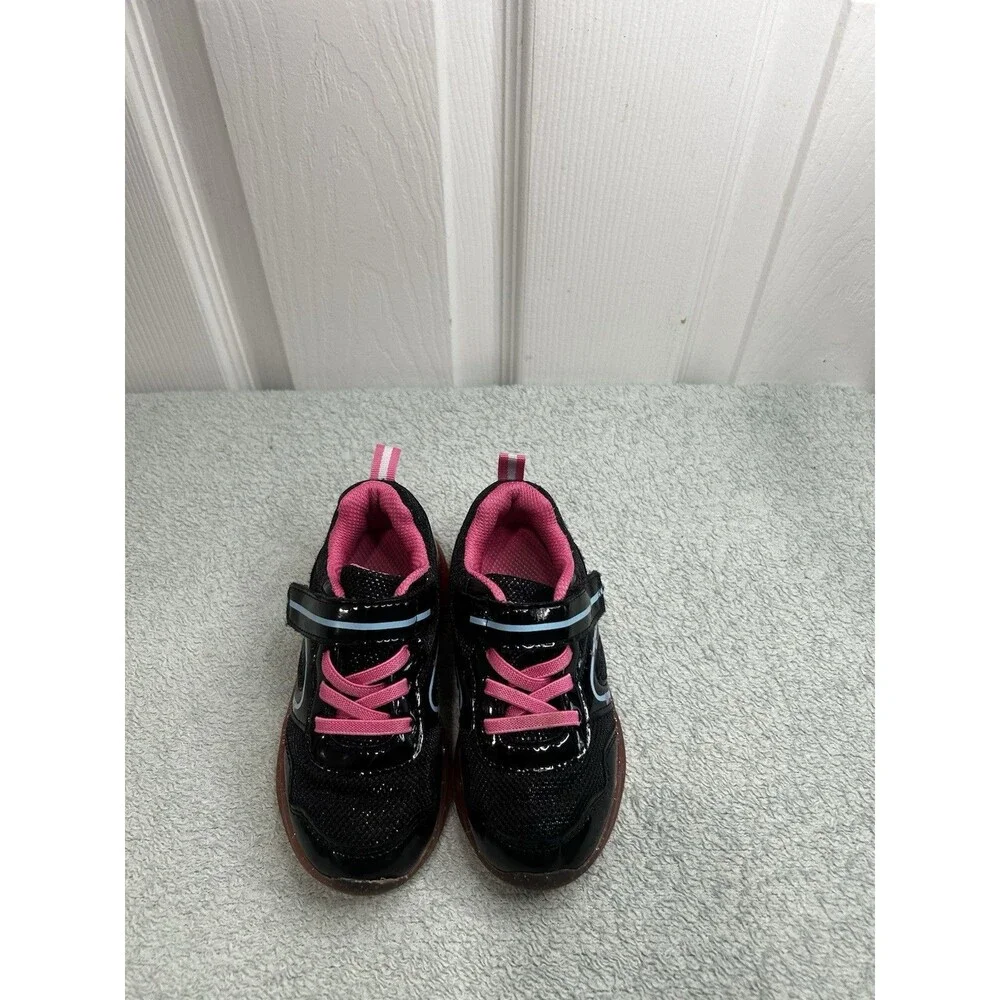Girls Light-Up Sneakers Black Pink Glitter Sole Hook & Loop Size 9 Toddler